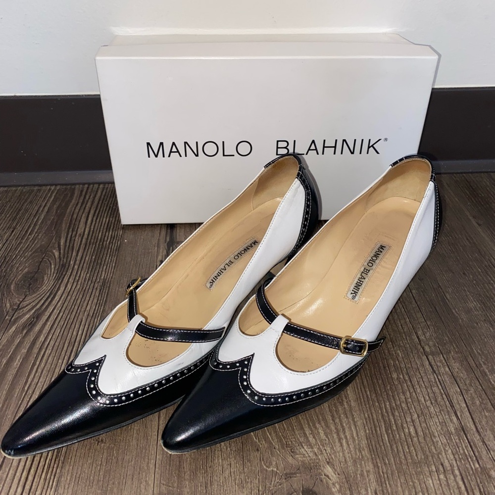 Manolo Blahnik Pointed Toe Mary Jane Kitten Heels